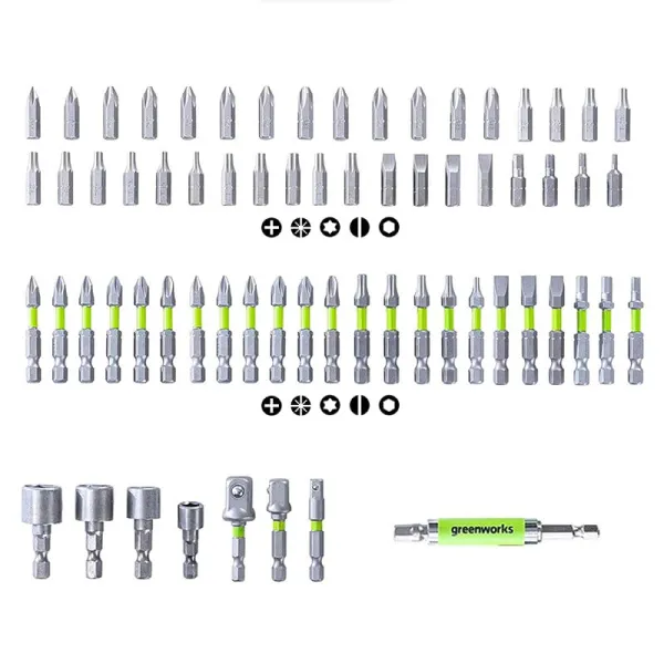 Набор бит, торцевых головок и адаптеров Greenworks HEX 1/4 в кейсе (70 предметов) 2944407