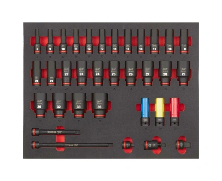 Набор головок ударных удлиненных Milwaukee 1/2'' (34 шт) (8, 9, 10, 11, 12, 13, 14, 15, 16, 17, 18, 19, 20, 21, 22, 23, 24, 25, 26, 27, 28, 29, 30, 32, 33, 36, автомобильные 17, 19, 21) в ложементе 4932493394