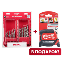 Набор сверл по металлу DIN 338 Milwaukee THUNDERWEB HSS-G (19 шт) (1-10мм) + Рулетка магнитная Milwaukee Magnetic GEN III 10м / ширина 27мм ACC2511004