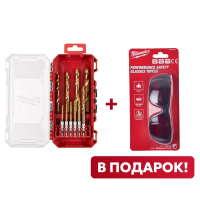 Набор сверл по металлу с хвостовиком 1/4'' Hex Milwaukee RED HEX HSS-TiN (10 шт) (3-10мм) + Очки защитные Milwaukee PERFORMANCE с защитой от царапин и запотевания (затемненные) ACC2511002
