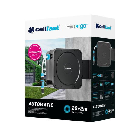 Катушка со шлангом настенная автоматическая Cellfast 20 ERGO 1/2" 20 м, фитинги, комплект для подключения 55-410