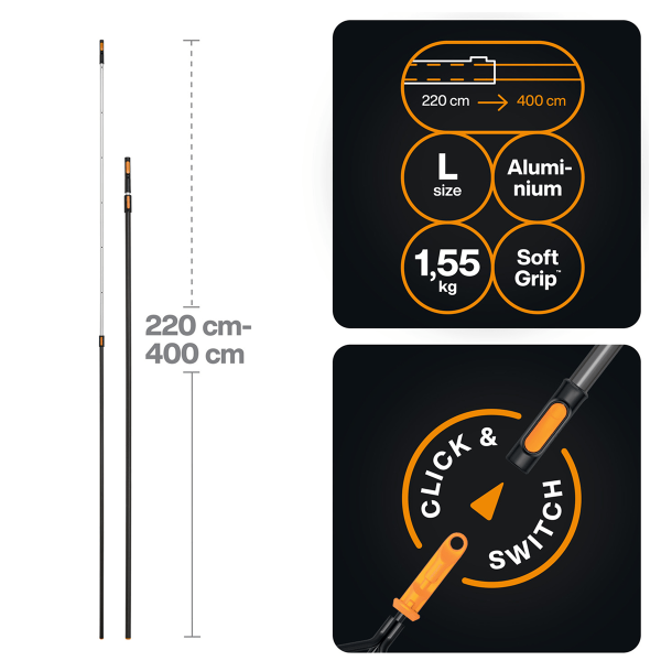 Черенок алюминиевый телескопический L 220-400см OneClick FISKARS 1080672