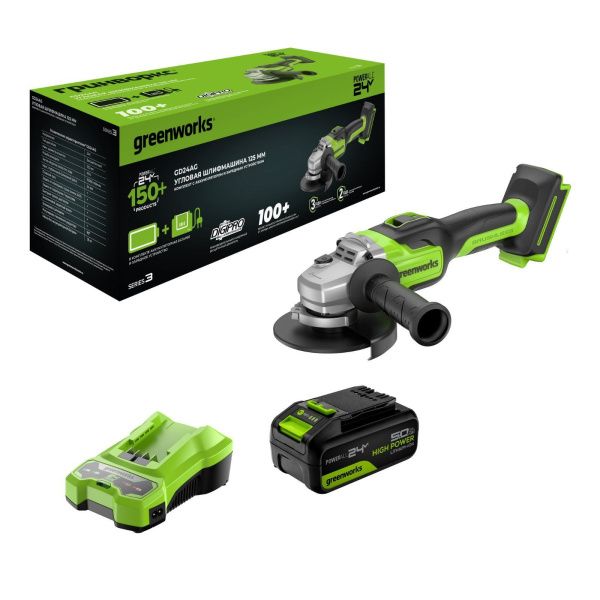 Угловая шлифовальная машина аккумуляторная Greenworks 24VGD24AG (1АКБx5Ач и ЗУ) 3200207CUG