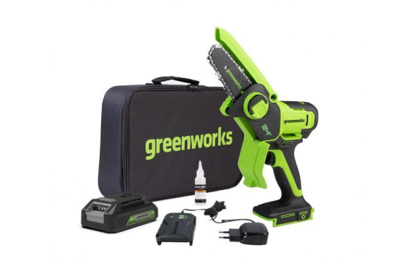 Цепная мини пила аккумуляторная Greenworks 24V G24MCS10 (1хАКБ 4Ач и ЗУ) 10см 2008207UB Цепные пилы