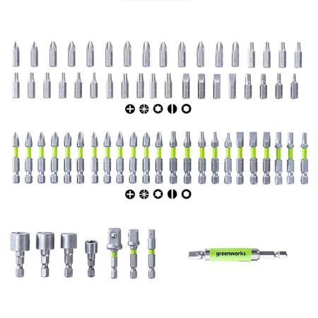 Набор бит, торцевых головок и адаптеров Greenworks HEX 1/4 в кейсе (70 предметов) 2944407