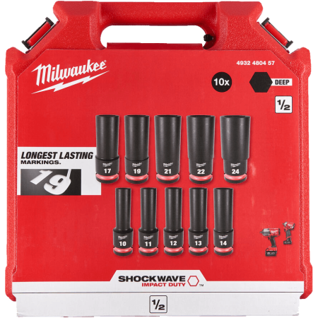 Набор головок ударных удлиненных Milwaukee 1/2" (10 шт) (10, 11, 12, 13, 14, 17, 19, 21, 22, 24) 4932480457