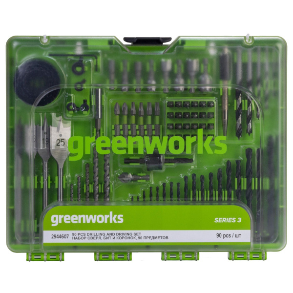 Набор сверл, бит и коронок Greenworks (90 шт) в кейсе 2944607